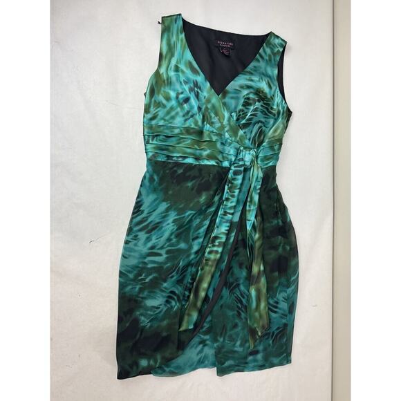 Gorgeous 100% Silk Teal Sleeveless Abstract Print Dress Faux-Wrap Knee Size 8 - Picture 3 of 10